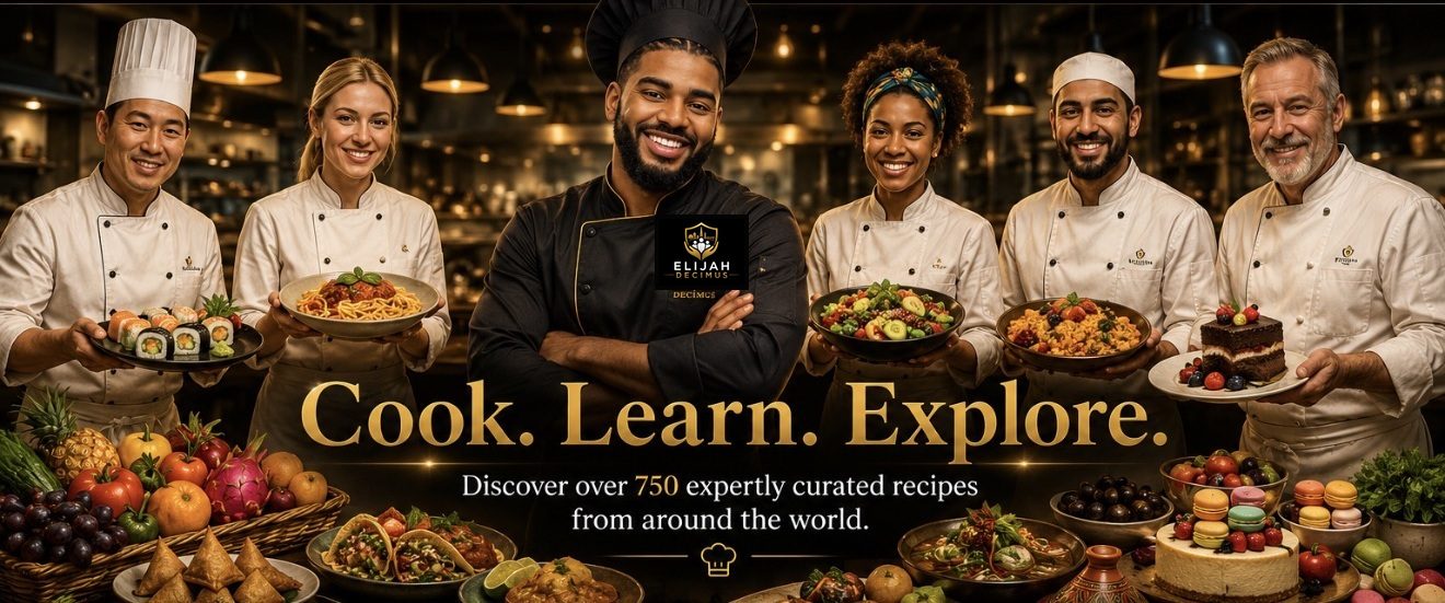 A diverse team of chefs presenting dishes from around the world with the message Cook, Learn, Explore