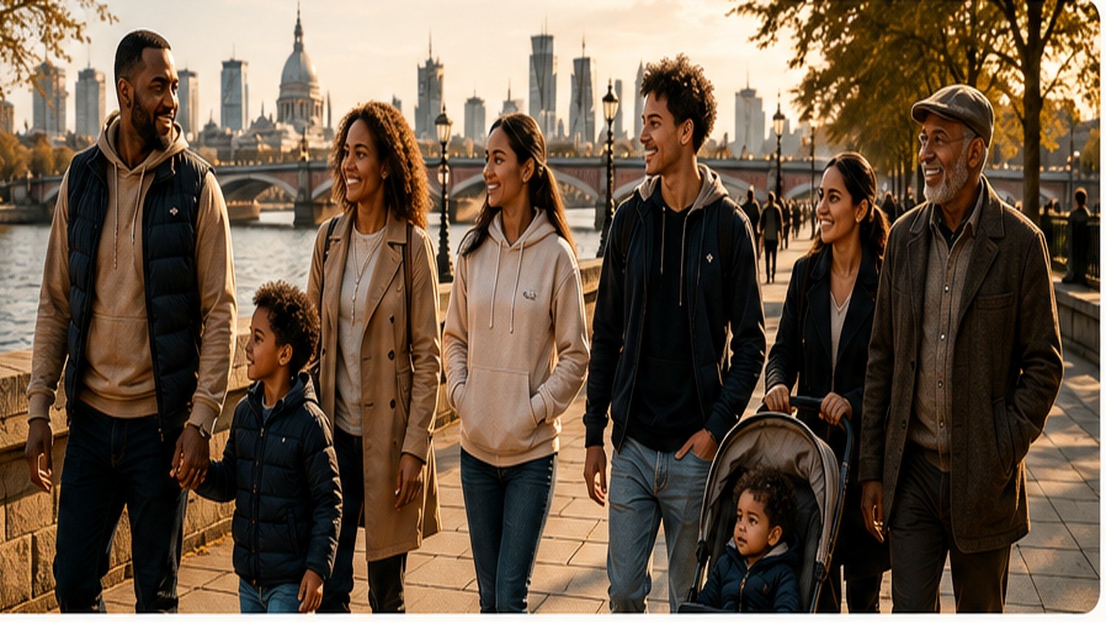 A multicultural group walking together beside the London riverside
